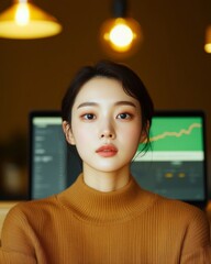 Aufkleber - Chic Minimalist Workspace Aesthetic Asian Female in Cozy Knit Sweater with Ambient Lighting and Digital Charts - Creative Office Design for Enhanced Productivity and Modern Marketing