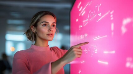 Aufkleber - Interactive Digital Analytics Display Young Professional Analyzing Data on Neon Touchscreen - Modern Office Innovation and Tech-Driven Business Solutions