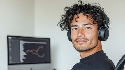 Poster - Modern Home Office Tech Young Adult with Curly Hair Wearing Wireless Headphones - Finance Analysis on Screen for Contemporary Business Efficiency