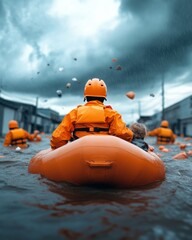 Poster - Urban Flood Response Strategy Resilient Evacuation with Orange Inflatable Boats and Debris Management - Emergency Services Innovation and Community Safety Enhancement