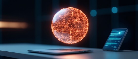 Aufkleber - Futuristic Cybersecurity Workspace Holographic Globe and Tech Textures with Blue Network Lines - Cutting-Edge Digital Protection for Global Business Connectivity