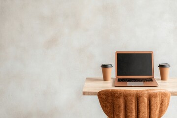 Poster - Minimalist Workspace Aesthetic Modern Laptop and Coffee Cups on Wooden Desk with Leather Chair - Efficient Office Design and Contemporary Remote Work Solutions