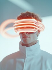 Aufkleber - Cinematic Tech Vision Caucasian Male in AR Glasses Analyzing Holographic Green Energy Model in Lab Advancing Sustainable Innovation for Business and Marketing