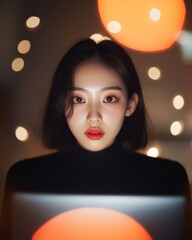 Aufkleber - Tech-Forward Connectivity Young Woman in Cybersecurity Hub with Smartphone and Laptop - Elegant Modern Cafe Aesthetic for Digital Security Innovation