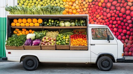 Wall Mural - Fresh Produce Displayed in Vintage Van Against Colorful Background