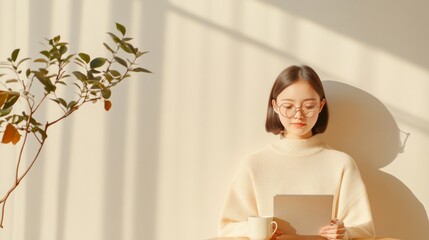 Poster - Minimalist Digital Learning Aesthetic Tech-Savvy Asian Teen Girl with Tablet and Tea in Sunlit Space - Enhancing Online Education for Modern Home Classrooms
