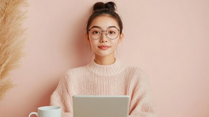 Poster - Serene Digital Learning Space Teen Girl Engaged in Virtual Class on Tablet and Ceramic Mug - Modern Home Schooling and Personalized Education Solutions