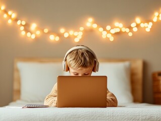 Poster - Scandinavian Minimalist Learning Young Boy with Headphones at Wooden Desk and Laptop Engaging Home Study Tools for Modern Interactive Education