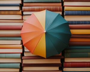 Poster - Playful Visual Storytelling Vibrant Rainbow Umbrella Amidst Curated Stacks in Cozy Library - Digital Content Creation and Engaging Educational Marketing