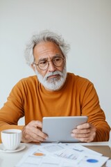 Poster - Modern Financial Aptitude Middle-Aged South Asian Man Analyzing Stock Portfolio on Tablet with Reports and Tea - Fintech Insights and Investment Planning for Digital Age