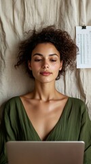 Fototapete - Minimalist Home Finance Workspace Focused Young Woman with Laptop and Financial Charts on Linen Backdrop - Empowering Fintech Strategies for Investment and Digital Growth