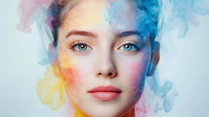Wall Mural - beautiful fantasy abstract portrait of a beautiful woman double exposure with a colorful digital paint splash or space nebula	