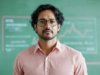 Poster - Interactive Education Young Indian Male Teacher with Digital Smartboard and Charts in Modern Classroom - Commercial Use for EduTech Solutions and Engaging Curriculum Content