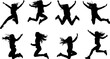© Pierre Villecourt - Ensemble vectoriel de huit silhouettes de femmes sautant avec mouvement dynamique des cheveux