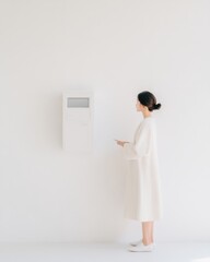 Leinwandbilder - Minimalist Information Interface Asian Citizen Engages with Digital Kiosk in Sleek Government Building - Enhancing Public Service and Accessibility with Modern Technology