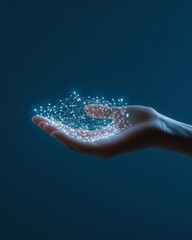 Poster - Digital Connectivity Art Hand Holding Glowing Geometric Network on Deep Blue - Tech Branding and Innovation Content for Digital Transformation and Business Applications