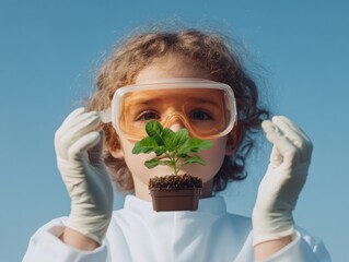 Aufkleber - Future-Focused STEM Imagery Child Scientist with Safety Goggles and Plant in Lab Setting - Boosting Educational Content for Science and Discovery Marketing
