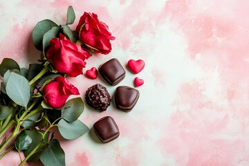 Wall Mural - A small bouquet of roses and chocolates for Valentine Day, styled on a pastel surface