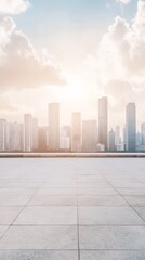 Poster - Featuring an empty marble floor with a stunning view of a modern city skyline under a cloudy sky at sunset, ideal for product placement and creative marketing opportunities