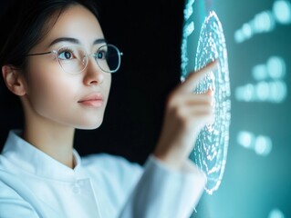 Leinwandbilder - Futuristic Data Visualization Woman in Tech with Interactive Digital Display - Empowering Business Intelligence and Analytics for Corporate Success