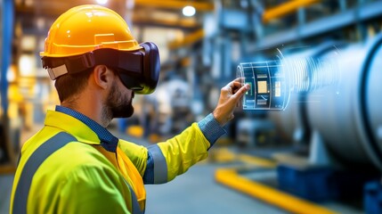 Wall Mural - A worker in a helmet uses virtual reality technology in an industrial setting.