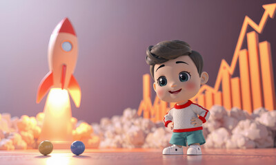 cheerful cartoon boy stands confidently in front of rocket launch, symbolizing growth and ambition. background features rising graphs, representing success