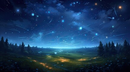 Wall Mural - Nighttime Magic: A Landscape Illustration of a Field of Fireflies under the Moon and Starry Sky