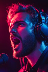Aufkleber - Neon Esports Presentation Passionate Latino Male Commentator in Professional Headset and Blazer - Immersive Streaming and Digital Gaming Engagement