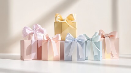 Wall Mural - A stack of pastel gift bags with delicate ribbons, placed on a clean white surface