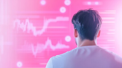 Leinwandbilder - Young Man Analyzing Data on Digital Screen in Pink Neon Light