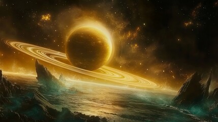 Wall Mural - a surreal cosmic landscape with a massive planet ring and swirling auroras