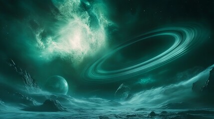 Wall Mural - a surreal cosmic landscape with a massive planet ring and swirling auroras