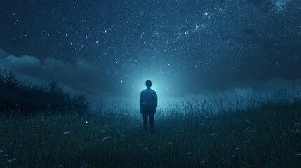 Wall Mural - Awe-Inspiring Night Sky and a Man Contemplating the Cosmos
