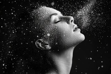 Striking black and white portrait of a woman surrounded by dynamic flying particles