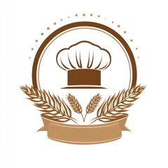 Canvas Print - Brown chef hat symbol above wheat and a blank ribbon. A food or baking emblem with a simple background