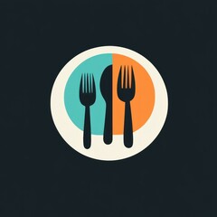 Wall Mural - Cutlery set on a plate, simple design for food concept, black background