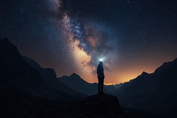 Wall Mural - a man standing on top of a mountain with the milky in the background