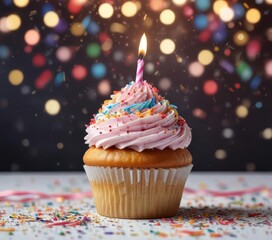 Wall Mural - Birthday cupcake with sprinkles and glitter on a blurred background of confetti and streamers, party, sweet treats, food