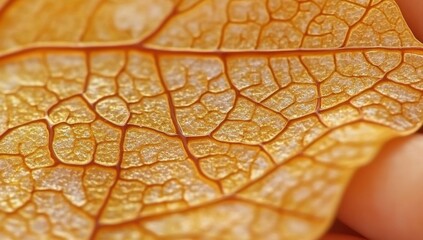 Close-up of autumn leaves showcasing intricate patterns and textures in golden-brown tones.
