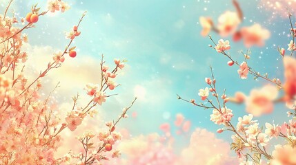 Wall Mural - Beautiful Apricot Tree Blossoms Under Bright Sunny Sky