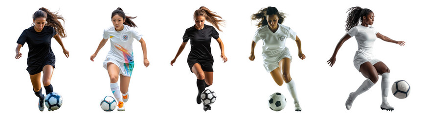 Wall Mural - png dynamic women soccer players action set, isolated on transparent background
