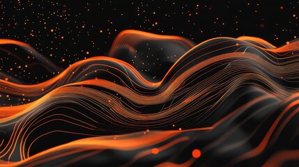 Wall Mural - vibrant orange and black abstract wave patterns with dynamic layered data streams against a dark bac