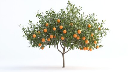 Orange tree with ripe fruit isolated on a white background, showcasing vibrant orange colors and green foliage for a clear visual impact.