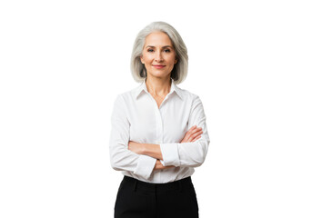 A confident woman with silver hair wearing a white shirt and black pants arms crossed, smiling softly isolated on transparent background