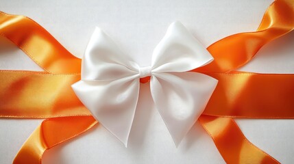 Wall Mural - Elegant orange and white satin bow knot ribbon arrangement on a soft white background creating a festive and sophisticated atmosphere