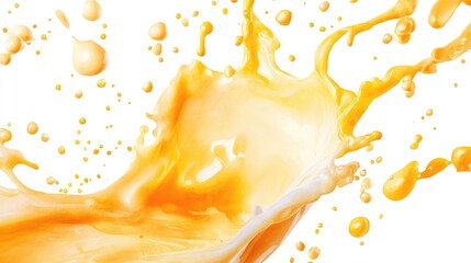 Wall Mural - vibrant orange and yellow watercolor milk splash on white background with dynamic fluid motion and a
