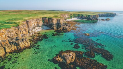 Wall Mural - Coastal cliffs, turquoise waters, aerial view, island landscape, travel brochure