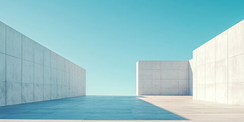 Wall Mural - Large concrete patio with walls and clear blue sky, creating a modern and minimalist architectural space