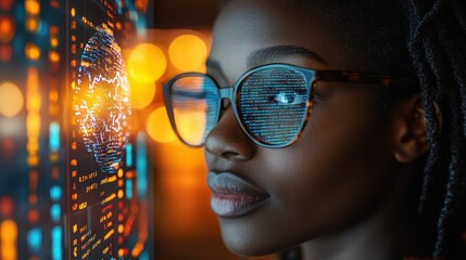 Woman Studying Global Data on Screen