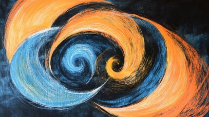 Wall Mural - vibrant orange and blue swirling chalk strokes on a dark background creating a dynamic abstract comp